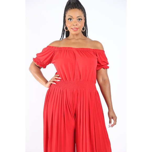 Women's Pleated off Shoulder Jumpsuit Plus Size 1X 2X 3X BLACK RED - Picture 12 of 12